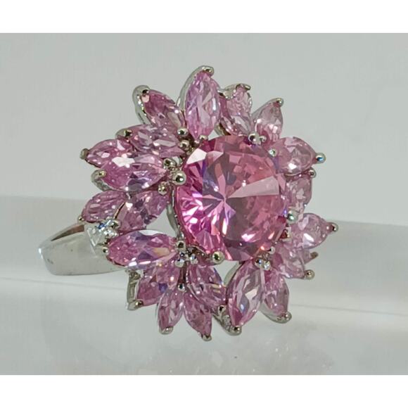 Vintage Ring Size 7 Silver Tone White Gold GP Pink CZ Diamond Cocktail - Picture 6 of 10